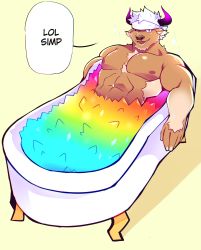 Rule 34 | 1boy, abs, animal ears, bara, bathtub, brown fur, chest hair, completely nude, cow ears, cow horns, english text, furry, furry male, gameplay mechanics, headband, highres, horns, large pectorals, lgbt pride, lisuchi, looking at viewer, male focus, meme, minotaur, muscular, muscular male, navel, nipples, nude, one eye closed, pectorals, purple eyes, purple horns, rainbow gradient, shennong (housamo), short hair, smile, solo, sparkle, stomach, tokyo houkago summoners, white hair