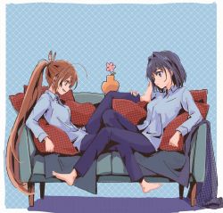 Rule 34 | 2girls, ahoge, barefoot, blanket, blouse, blue eyes, blue hair, blue pants, blue shirt, brown eyes, brown hair, collared shirt, couch, dithering, feather hair ornament, feathers, feet, flower, flower pot, foot up, hair intakes, hair ornament, highres, holding another&#039;s leg, hololive, hololive english, kisuu (oddnumberr ), long hair, multicolored hair, multiple girls, nail polish, nanashi mumei, ouro kronii, pants, pillow, polka dot, ponytail, reclining, shirt, short hair, smile, streaked hair, toes, very long hair, virtual youtuber