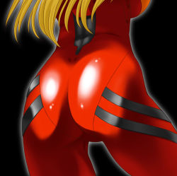 Rule 34 | 1girl, ass, ass focus, black background, blonde hair, bodysuit, breasts, close-up, cosplay, dimples of venus, from behind, kamia (not found), large breasts, legs apart, long hair, matsuoka kiyone, neon genesis evangelion, original, outline, pilot suit, plugsuit, plugsuit (cosplay), shiny clothes, simple background, skin tight, solo, souryuu asuka langley, souryuu asuka langley (cosplay), standing