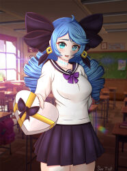 Rule 34 | 1girl, absurdres, ahoge, alternate costume, arm behind back, artist name, blue eyes, blue hair, bow, bowtie, breasts, chocolate, classroom, cowboy shot, drawing, drill hair, frosver, gift, gwen (league of legends), hair bow, highres, holding, holding gift, incoming gift, indoors, large breasts, league of legends, long hair, long sleeves, looking at viewer, open mouth, pleated skirt, purple bow, purple bowtie, purple skirt, school uniform, shirt, skirt, smile, solo, twintails, valentine, white shirt