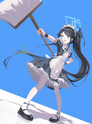 Rule 34 | 1girl, apron, aris (blue archive), aris (maid) (blue archive), black hair, blue archive, blue bow, blue bowtie, blue eyes, bow, bowtie, commentary request, frilled apron, frills, halo, hand on own hip, highres, long hair, maid, maid apron, maid headdress, mary janes, moped, motor vehicle, newnand, official alternate costume, official alternate hairstyle, pantyhose, parted bangs, parted lips, shoes, short sleeves, side ponytail, sidelocks, simple background, solo, two-tone background, white apron, white pantyhose, wristband