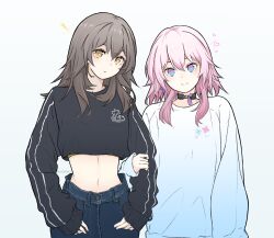 Rule 34 | 2girls, alternate costume, aqua sweater, baggy clothes, black choker, black sweater, blue pants, bright pupils, casual, choker, closed mouth, commentary, cropped sweater, denim, english commentary, floral print, gradient clothes, hand on another&#039;s arm, head tilt, heart, highres, honkai: star rail, honkai (series), jeans, lexielex, long hair, long sleeves, looking at viewer, march 7th (honkai: star rail), multiple girls, navel, pants, pink hair, pocket, sidelocks, simple background, sleeves past wrists, smile, stelle (honkai: star rail), stomach, sweater, trailblazer (honkai: star rail), two-tone eyes, upper body, white background, white sweater, yellow eyes