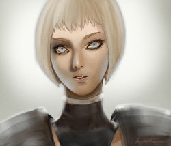 Rule 34 | 1girl, amy winterbreeze, armor, blonde hair, blue eyes, cape, clare (claymore), claymore (series), eyelashes, lips, nose, pauldrons, portrait, short hair, shoulder armor, solo