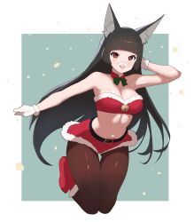 1girl alternate_costume animal_ears black_hair blunt_bangs breasts brown_pantyhose christmas cleavage fake_facial_hair fake_mustache fox_ears fox_girl highres hoshimi_miyabi long_hair looking_at_viewer medium_breasts navel nishiroji open_mouth pantyhose red_eyes red_skirt skirt smile solo thighs two-tone_background zenless_zone_zero