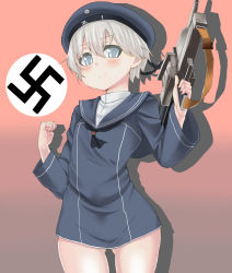 Rule 34 | 10s, 1girl, beret, blue eyes, blush, clothes writing, gun, hat, highres, kantai collection, looking at viewer, md5 mismatch, morochin (mo loss an), personification, sailor hat, short hair, silver hair, solo, swastika, weapon, z1 leberecht maass (kancolle)