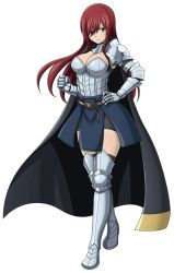 Rule 34 | 1girl, armor, black cape, breasts, cape, cleavage, erza scarlet, fairy tail, hair between eyes, hand on own hip, hand on own hip, huge breasts, large breasts, long hair, looking at viewer, official art, red hair, simple background, skirt, tagme, thighhighs, thighs, white armor, white background