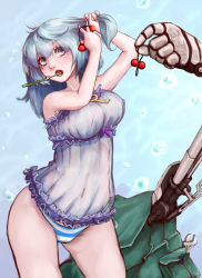 Rule 34 | 1girl, adjusting hair, babydoll, backpack, bag, bare arms, bare shoulders, breasts, female focus, flying sweatdrops, grey eyes, hair bobbles, hair ornament, highres, hip focus, hoshibuchi, kawashiro nitori, key, large breasts, mechanical arms, mouth hold, open mouth, panties, silver hair, single mechanical arm, solo, striped clothes, striped panties, toothbrush, touhou, tying hair, underwear, underwear only, unworn backpack, unworn bag