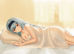 Rule 34 | 1girl, anming, bare shoulders, blue hair, breasts, cleavage, closed mouth, collarbone, girls&#039; frontline, hairband, highres, long hair, looking at viewer, lying, medium breasts, on side, pillow, red eyes, scar, scar on arm, scar on neck, simple background, solo, thunder (girls&#039; frontline)