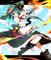 Rule 34 | 1girl, akibotann, alternate hairstyle, black footwear, black gloves, black hat, blue hair, blue sky, boots, cloud, cross-laced footwear, day, dress, fingerless gloves, fire, flaming sword, flaming weapon, food, fruit, gloves, hand on headwear, hat, hinanawi tenshi, holding, holding sword, holding weapon, looking at viewer, open mouth, peach, puffy short sleeves, puffy sleeves, red eyes, sash, short hair, short sleeves, sidelocks, sky, solo, sword, sword of hisou, touhou, weapon