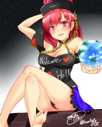 Rule 34 | 1girl, arm behind head, bad id, bad pixiv id, bare legs, bare shoulders, barefoot, breasts, chain, cleavage, clothes writing, collar, crossed legs, earth (ornament), english text, feet, fujimori tonkatsu, hecatia lapislazuli, highres, large breasts, long hair, looking at viewer, miniskirt, moon (ornament), off-shoulder shirt, off shoulder, open mouth, red eyes, red hair, shirt, sitting, skirt, soles, solo, t-shirt, toes, touhou, upskirt