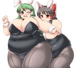 Rule 34 | &gt;:(, 2girls, animal ears, big belly, blue eyes, blush, bow, breasts, brown eyes, brown hair, clenched hands, d;, detached collar, embarrassed, fat, fat rolls, frown, green hair, hair bow, hair tubes, hakurei reimu, half updo, huge breasts, kochiya sanae, kurokaze no sora, large bow, long hair, multiple girls, nose blush, obese, one eye closed, open mouth, pantyhose, playboy bunny, pushing, rabbit ears, rabbit tail, sweatdrop, tail, thick arms, touhou, v-shaped eyebrows, very long hair, wrist cuffs