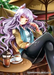 Rule 34 | 1girl, animal ears, black pantyhose, blush, breasts, cat ears, chair, coffee, coffee mug, collarbone, company name, crossed legs, cup, hairband, long hair, looking at viewer, medium breasts, mug, pantyhose, parted lips, picpicgram, purple hair, shinkai no valkyrie, sitting, smile, solo, sugar cube, table, thighhighs, umbrella, yellow eyes