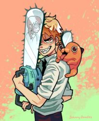 Rule 34 | 1boy, 1girl, 1other, animal, animal on shoulder, artist name, black necktie, black pants, blonde hair, blood, blood splatter, braid, braided ponytail, chainsaw, chainsaw man, collared shirt, denji (chainsaw man), green blood, highres, holding, holding chainsaw, johnnydoodss, looking at viewer, makima (chainsaw man), medium hair, necktie, open mouth, pants, parted lips, pochita (chainsaw man), sharp teeth, shirt, shirt tucked in, short hair, smile, teeth, tongue, tongue out, white shirt