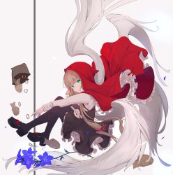 Rule 34 | 1girl, absurdres, black legwear, blonde hair, blue flower, blunt bangs, book, capelet, cloak, falling, floating clothes, floating hair, flower, frills, green eyes, hair ornament, highres, holding, holding book, little red riding hood, little red riding hood (grimm), long hair, looking at viewer, mikisai, hugging object, open mouth, red hood, simple background, solo, white background