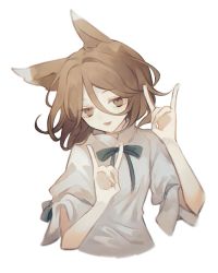 Rule 34 | 1girl, animal ears, blurry, brown eyes, brown hair, cropped torso, depth of field, fox ears, hair between eyes, highres, index finger raised, kudamaki tsukasa, namakuby, neck ribbon, open mouth, ribbon, shirt, short sleeves, simple background, solo, touhou, upper body, white background