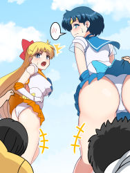 Rule 34 | 2boys, 2girls, aino minako, annoyed, ass, bishoujo senshi sailor moon, bishoujo senshi sailor moon supers, black hair, blonde hair, blue eyes, blue hair, blue sky, blush, bow, breasts, cameltoe, clothes lift, day, earrings, embarrassed, from below, gloves, highres, humiliation, jewelry, legs, leotard, leotard under clothes, long hair, looking back, mizuno ami, multiple boys, multiple girls, open mouth, panties, pervert, sailor collar, sailor mercury, sailor venus, sexual harassment, short hair, skirt, skirt hold, skirt lift, sky, speech bubble, super sailor mercury, super sailor venus, sweat, toei animation, translation request, underwear, upskirt, white panties, zetsuei (zetto)