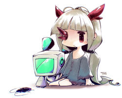 Rule 34 | 1girl, :&lt;, artist name, barefoot, blunt bangs, blush, bug, buttons, chibi, closed mouth, cockroach, commentary, cracked screen, dated, dress, drooling, full body, grey dress, hamriku, highres, horns, insect, long hair, long sleeves, looking at animal, low twintails, missing eye, red eyes, robot, robot (void terrarium), short dress, sidelocks, simple background, sitting, solo, toriko (void terrarium), torn clothes, torn dress, twintails, very long hair, void terrarium, white background