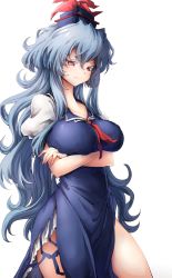 Rule 34 | 1girl, absurdres, blue dress, breast hold, breasts, closed mouth, collarbone, colored eyelashes, cowboy shot, crossed arms, darjeeling (reley), dress, eyelashes, hair between eyes, half-closed eyes, hat, highres, kamishirasawa keine, large breasts, long hair, looking at viewer, messy hair, neckerchief, puffy short sleeves, puffy sleeves, red eyes, red neckerchief, short sleeves, side slit, sidelocks, simple background, smile, solo, standing, touhou, very long hair, white background