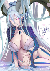 Rule 34 | 1girl, absurdres, aqua hair, blue panties, blue shirt, blue thighhighs, braid, breasts, choker, cleavage, cropped shirt, curled horns, fate/grand order, fate (series), hair between eyes, highleg, highleg panties, highres, horns, jewelry, large breasts, larva tiamat (fate), larva tiamat (third ascension) (fate), long hair, looking at viewer, panties, pendant, pink eyes, pointy ears, ripples, shiki (love-saber), shirt, shrug (clothing), sidelocks, sitting, smile, solo, striped clothes, striped sleeves, striped thighhighs, symbol-shaped pupils, tail, thighhighs, thighs, tiamat (fate), underwear, very long hair, water