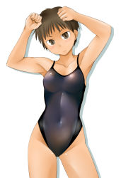 Rule 34 | arms up, brown eyes, brown hair, competition swimsuit, one-piece swimsuit, original, short hair, solo, swimsuit, tanaka rikimaru