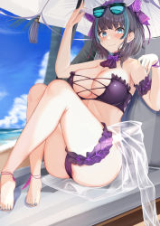 Rule 34 | 1girl, absurdres, animal ears, arm garter, arms at sides, azur lane, bare shoulders, bikini, black hair, blunt bangs, bow, bowtie, breasts, bridal garter, cat ears, cheshire (azur lane), cheshire (summery date!) (azur lane), cleavage, closed mouth, collarbone, commentary, commentary request, day, eyewear on head, fake animal ears, frills, highres, kazuha (saku kn), large breasts, looking at viewer, multicolored hair, nail polish, navel, outdoors, palm tree, purple bikini, purple bow, purple bowtie, sarong, see-through, short hair, smile, solo, stomach, strapless, strapless bikini, string bikini, sunglasses, swimsuit, tinted eyewear, toenail polish, toenails, tree, two-tone hair, white background