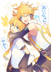 Rule 34 | 2boys, annoyed, arms around neck, bare shoulders, belt, black collar, black shorts, black sleeves, blonde hair, blue eyes, collar, commentary, dated, detached sleeves, dual persona, hair ornament, heart, hug, kagamine len, kagamine len (append), looking at another, male focus, multiple boys, necktie, one eye closed, open mouth, sailor collar, school uniform, shirt, short ponytail, short sleeves, shorts, sinaooo, smile, speech bubble, spiked hair, suspender shorts, suspenders, translated, triangle, v-shaped eyebrows, vocaloid, vocaloid append, white shirt, yellow neckwear