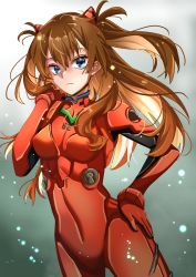 Rule 34 | 1girl, absurdres, artist request, blue eyes, bodysuit, breasts, brown hair, hair ornament, hand on own hip, highres, long hair, looking at viewer, medium breasts, neon genesis evangelion, plugsuit, shiny clothes, simple background, sitting, solo, souryuu asuka langley, two side up, upper body, white background, yokozuwari