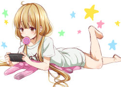 Rule 34 | 10s, 1girl, barefoot, blonde hair, brown eyes, candy, food, futaba anzu, handheld game console, idolmaster, idolmaster cinderella girls, leg up, lollipop, long hair, low twintails, lying, mouth hold, on stomach, playing games, playstation portable, solo, sony psp, star (symbol), stuffed animal, stuffed rabbit, stuffed toy, tottoto tomekichi, twintails