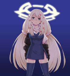 Rule 34 | 1girl, asababa kure, bad id, bad pixiv id, black thighhighs, blonde hair, blue background, blue eyes, gradient background, hair ornament, halo, long hair, looking at viewer, original, solo, thighhighs, very long hair, zettai ryouiki