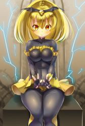 Rule 34 | 10s, 1girl, bad end peace, bad end precure, black bodysuit, black gloves, blonde hair, bodysuit, breasts, collarbone, covered navel, double v, female focus, fingerless gloves, gloves, hair ornament, kazo (kazozakazo), large breasts, looking at viewer, precure, see-through, sitting, smile, smile precure!, solo, v, yellow eyes