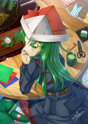 Rule 34 | 1girl, aircraft, baozi, black dress, black skirt, crescent, crescent hair ornament, cup, dress, eating, elbows on table, food, from above, green eyes, green hair, green tea, hair ornament, highres, indoors, izumo-ss-yoshitunedenn, kantai collection, long hair, looking back, nagatsuki (kancolle), paper hat, paper kabuto, papercraft, scissors, sitting, skirt, solo, stuffed toy, tea, yunomi, zongzi