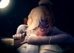Rule 34 | 1girl, blonde hair, book, commentary, english commentary, hair bun, long sleeves, mechanical pencil, open book, overwatch, overwatch 1, pencil, single hair bun, solo, sweater, trung doan, white sweater