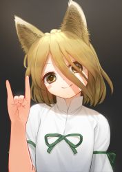 Rule 34 | 1girl, animal ear fluff, animal ears, blonde hair, blush stickers, closed mouth, commentary, eyebrows hidden by hair, fox ears, fox shadow puppet, gradient background, green ribbon, hair over one eye, hand up, highres, kudamaki tsukasa, looking at viewer, medium hair, ribbon, romper, simple background, smile, solo, suna (s73d), touhou, upper body, white romper, yellow eyes