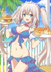 Rule 34 | 1girl, bare shoulders, beach, bikini, blue bikini, blue eyes, blue sky, blush, breast expansion, breasts, burger, cleavage, collarbone, commission, fate/grand order, fate (series), food, french fries, highres, large breasts, long hair, looking at viewer, maid headdress, marie antoinette (fate), marie antoinette (fate/grand order), marie antoinette (swimsuit caster) (fate), marie antoinette (swimsuit caster) (third ascension) (fate), navel, open mouth, pixiv commission, pizza, plate, shimouki izui, silver hair, sky, smile, swimsuit, thighs, twintails, very long hair