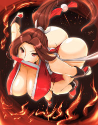 Rule 34 | 1girl, absurdres, artist request, ass, bare shoulders, breasts, brown hair, cleavage, fatal fury, fire, hair ornament, highres, hip focus, huge ass, huge breasts, legs, long hair, looking at viewer, mouth hold, ninja, ponytail, red eyes, revealing clothes, shiny skin, shiranui mai, snk, solo, the king of fighters, thick thighs, thighs, thong, very long hair, wide hips