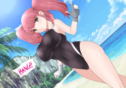 Rule 34 | atlanta (kancolle), bad id, bad pixiv id, beach, black one-piece swimsuit, blue sky, breasts, brown hair, cloud, competition swimsuit, covered navel, cowboy shot, day, earrings, gloves, grey eyes, highres, jewelry, kantai collection, large breasts, long hair, ocean, one-piece swimsuit, outdoors, pachio, palm tree, partially fingerless gloves, sand, sky, speech bubble, star (symbol), star earrings, swimsuit, tree, two side up, water, white gloves