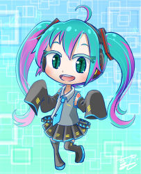 Rule 34 | 1girl, aqua eyes, aqua hair, aqua necktie, black thighhighs, boots, chamaji, chibi, commentary, detached sleeves, gradient background, hatsune miku, headphones, headset, highres, long hair, looking at viewer, necktie, number tattoo, open mouth, signature, skirt, sleeves past fingers, sleeves past wrists, smile, solo, spring onion, symbol-shaped pupils, tattoo, thigh boots, thighhighs, twintails, very long hair, vocaloid, wide sleeves, zettai ryouiki