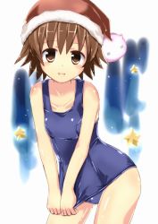 Rule 34 | 10s, 1girl, brown eyes, brown hair, clothes pull, hat, highres, naka (cheeseyeast), one-piece swimsuit, one-piece swimsuit pull, santa hat, sawatari fuu, school swimsuit, shiny clothes, short hair, solo, swimsuit, tamayura