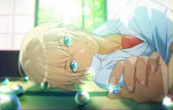 Rule 34 | 1boy, amuro tooru, blonde hair, blue eyes, blurry, buttons, closed mouth, collared shirt, commentary request, depth of field, dress shirt, fingernails, hair between eyes, highres, holding, indoors, kouno kb, lens flare, looking at viewer, lying, male focus, marble (toy), meitantei conan, on side, shirt, short hair, smile, solo, undershirt, upper body, white shirt