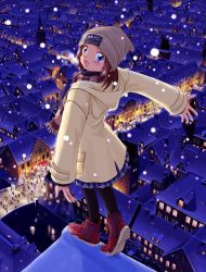 Rule 34 | 1girl, :d, black pantyhose, blue eyes, brown hair, city, coat, hat, night, open mouth, original, outstretched arms, pantyhose, plaid, plaid skirt, rooftop, scarf, skirt, smile, snow, snowing, solo, spread arms