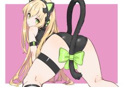 Rule 34 | 1girl, 4410 (kanimiso), all fours, animal ear headphones, animal ears, ass, black leotard, blonde hair, bow, cat ear headphones, cat ears, cat tail, commentary request, fake animal ears, fake tail, from behind, girls&#039; frontline, green bow, green eyes, headphones, highres, leotard, long hair, looking at viewer, looking back, pink background, simple background, solo, tail, tail bow, tail ornament, thigh strap, tmp (girls&#039; frontline)