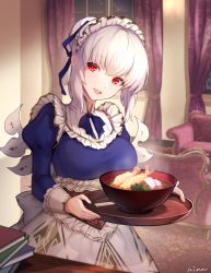 Rule 34 | 1girl, :d, artist name, blue neckwear, blue ribbon, book, book stack, bowl, breasts, couch, curtains, food, frills, hair ribbon, hi-na1, highres, holding, holding tray, indoors, long sleeves, looking at viewer, maid, maid headdress, open mouth, puffy long sleeves, puffy sleeves, red eyes, ribbon, sennen sensou aigis, serra (sennen sensou aigis), short hair, shrimp, shrimp tempura, sidelocks, skirt, smile, standing, table, tempura, tray, white hair, window