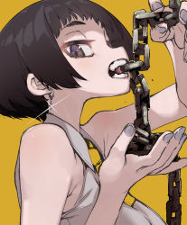 Rule 34 | 1girl, biting, black hair, bob cut, breasts, chain, earrings, grey nails, grey shirt, highres, holding, holding chain, hyocorou, jewelry, kyouka jinrui amunero, large breasts, looking at viewer, nail polish, purple eyes, shirt, short hair, simple background, sleeveless, sleeveless shirt, solo, sparkle, upper body, yellow background