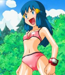 Rule 34 | 1girl, ass, bare shoulders, bikini, blue eyes, blue hair, bracelet, breasts, cameltoe, cleavage, creatures (company), dawn (pokemon), denimuso, derivative work, female focus, game freak, jewelry, legs, midriff, navel, nintendo, outdoors, pokemon, pokemon (anime), pokemon dppt (anime), red bikini, screenshot redraw, shiny skin, small breasts, smile, solo, standing, swimsuit, thighs, underboob, wide hips
