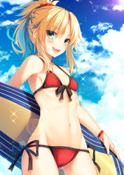 Rule 34 | 1girl, :d, bikini, blonde hair, blue sky, blush, bracelet, braid, breasts, cloud, cloudy sky, collarbone, commentary request, cowboy shot, day, diffraction spikes, fate/apocrypha, fate/grand order, fate (series), front-tie bikini top, front-tie top, green eyes, groin, hair ornament, hair scrunchie, highres, holding, holding behind back, jewelry, lens flare, long hair, looking at viewer, mordred (fate), mordred (fate) (all), mordred (fate/apocrypha), mordred (swimsuit rider) (fate), mordred (swimsuit rider) (first ascension) (fate), navel, open mouth, outdoors, ponytail, red bikini, scrunchie, side-tie bikini bottom, sky, small breasts, smile, solo, sparkle, standing, string bikini, surfboard, swimsuit, teeth, toosaka asagi, underboob
