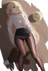 Rule 34 | 1girl, absurdres, alternate costume, azur lane, bare shoulders, bird, black choker, black pantyhose, black skirt, blonde hair, blush, breasts, brown pantyhose, choker, cleavage, closed mouth, collarbone, collared shirt, dress shirt, feet out of frame, floor, from above, glasses, hair between eyes, hair spread out, head tilt, high-waist skirt, highres, implacable (azur lane), implacable (shepherd of the &quot;lost&quot;) (azur lane), large breasts, legs, long hair, long sleeves, looking at viewer, lying, manjuu (azur lane), miniskirt, no bra, off shoulder, official alternate costume, on back, on floor, open clothes, open shirt, panties, panties under pantyhose, pantyhose, partially unbuttoned, pencil skirt, red eyes, ribbon, see-through, see-through shirt, shadow, shirt, shirt tucked in, single bare shoulder, skirt, spill, teacher, thighs, underwear, very long hair, wet, wet clothes, wet shirt, white panties, white shirt, wooden floor, zerotwenty (020)