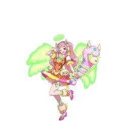 Rule 34 | 1girl, ;d, angel rock:feel girls emotion, animal ears, bow, full body, green wings, hairband, halo, headset, llama, long hair, official art, one eye closed, open mouth, pink bow, pink footwear, pink hair, red skirt, short sleeves, skirt, smile, solo, standing, standing on one leg, stuffed animal, stuffed toy, thigh strap, transparent background, very long hair, watanabe (angel rock), wings