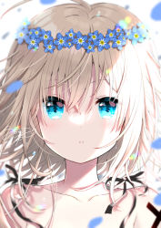 Rule 34 | 1girl, backlighting, bare shoulders, blonde hair, blue eyes, blue flower, blurry, blurry background, collarbone, commentary request, depth of field, flower, flower wreath, hair between eyes, head wreath, looking at viewer, original, parted lips, signature, solo, tia-chan, uchuuneko, upper body, white background