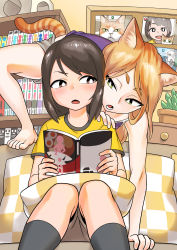 Rule 34 | 2girls, animal ears, bad id, bad pixiv id, barefoot, black legwear, blonde hair, blush, book, bookshelf, bright pupils, brown eyes, brown hair, brown shorts, camisole, cat, cat ears, cat tail, climbing, commentary, couch, green eyes, grey shorts, hand on another&#039;s shoulder, highres, holding, holding book, humanization, indoors, long hair, looking at another, looking back, manga (object), multiple girls, on couch, open mouth, original, photo (object), pillow, purple shirt, shirai keita, shirt, short sleeves, shorts, sitting, socks, striped tail, swept bangs, t-shirt, tail, white pupils, yellow shirt, yuri
