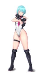 Rule 34 | 1girl, aqua eyes, aqua hair, bare shoulders, black footwear, black gloves, blush, boots, closed mouth, commentary, cross-laced footwear, dead or alive, dead or alive 6, fingerless gloves, full body, gloves, hands up, highleg, highleg leotard, highres, knee boots, kurone rinka, lace-up boots, leotard, lips, looking at viewer, md5 mismatch, necktie, nico (doa), red necktie, resolution mismatch, shiny skin, short hair, simple background, sleeveless, solo, source smaller, standing, tecmo, thigh strap, thighs, white background, wrestling outfit